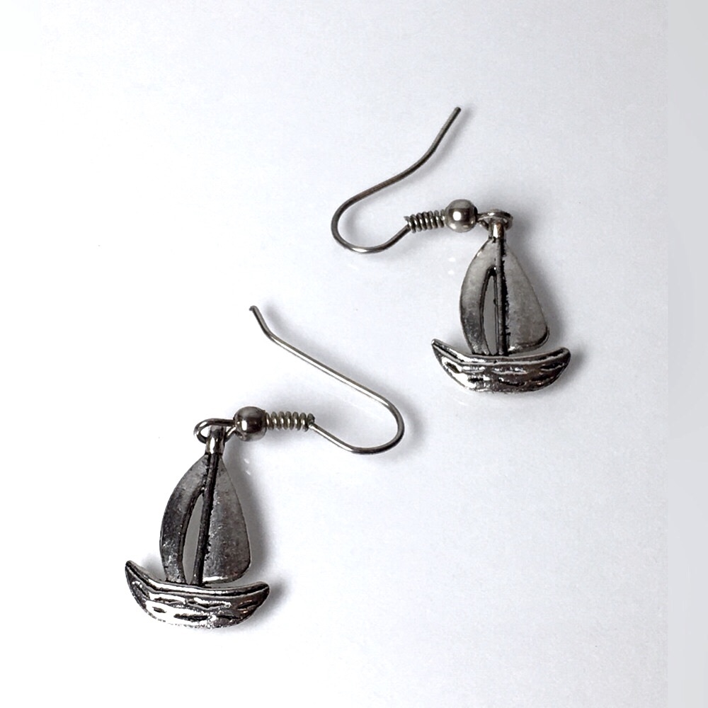 50% OFF if Bundled / Nautical Sailboat Silver Tone Dangle Earrings Boat Ship